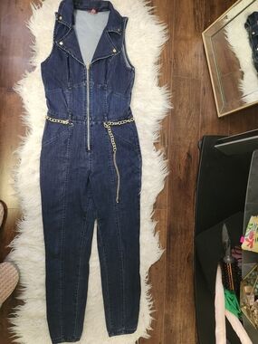 Sleeveless Dark Blue Denim Jumpsuit with Chain Belt